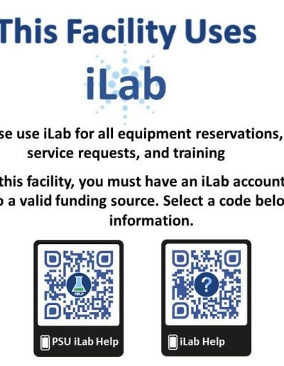 QR codes for iLab Help, PSU iLab Help, PSU iLab site, and listing of cores